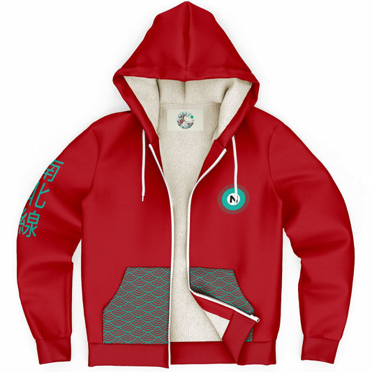 "Red ultra-soft microfleece zip hoodie with a patterned lining, Japanese text on the sleeve, and a green 'N' logo, inspired by the Tokyo Metro Namboku Line."