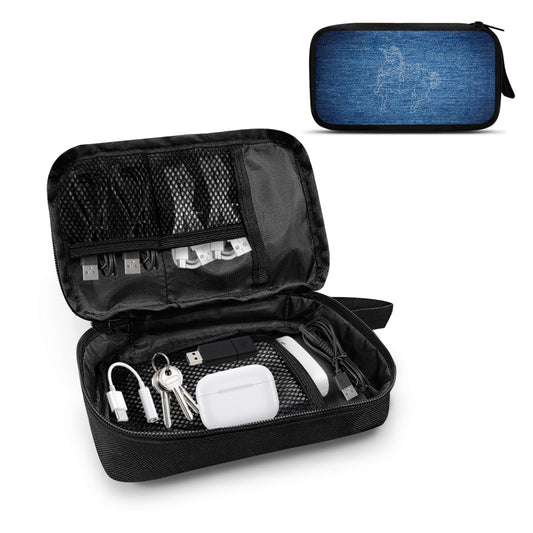 Black travel organizer with compartments containing electronic devices on a white background