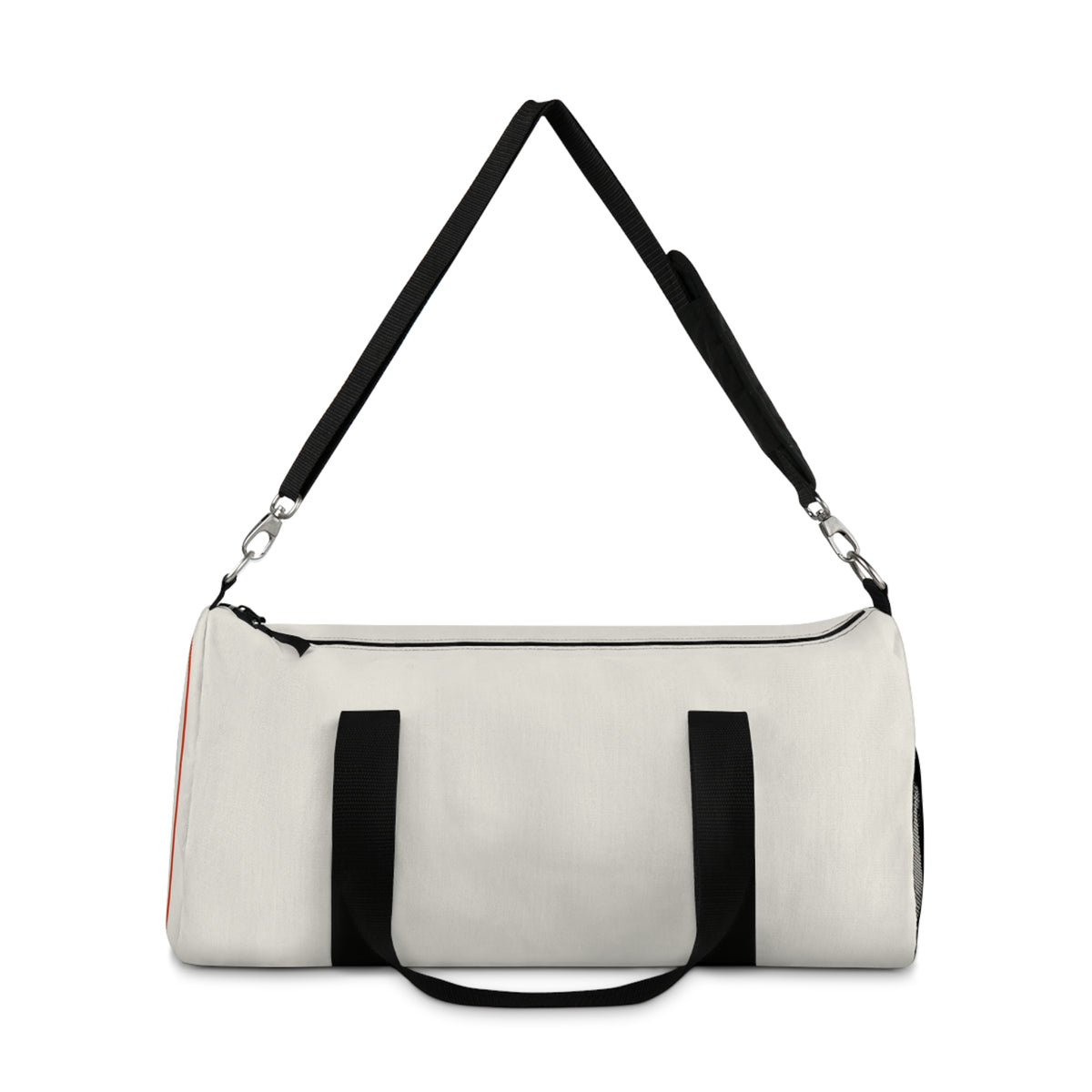 White duffel bag with black straps on a white background