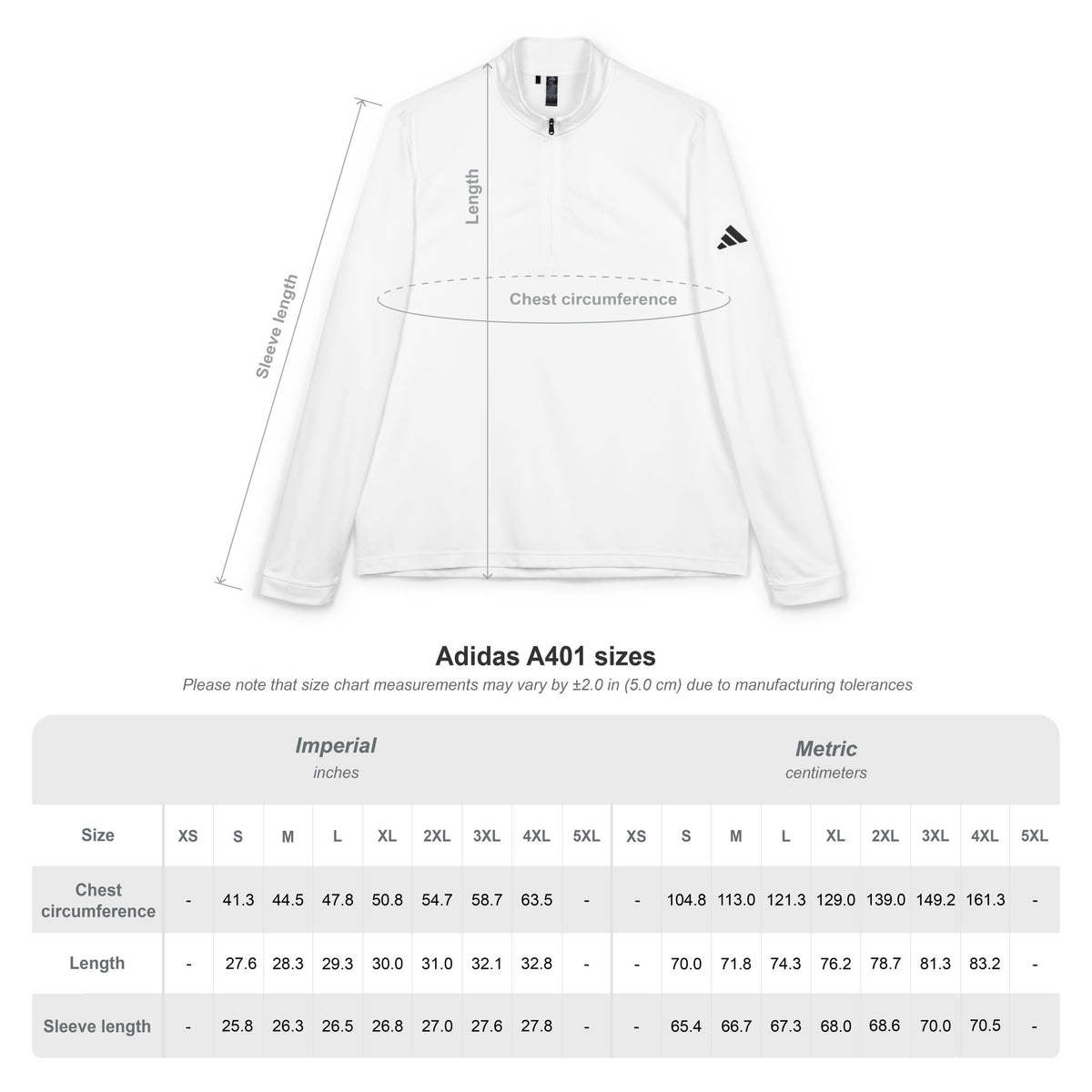 White Adidas jacket with size chart measurements on a white background