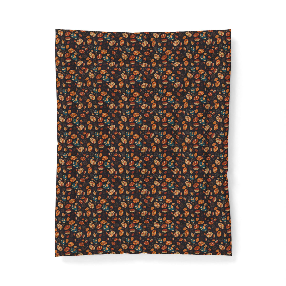 A rectangular fabric item, likely a blanket or towel, featuring a dense all-over floral pattern in orange, teal, and cream on a dark brown background, shown flat against a white backdrop.