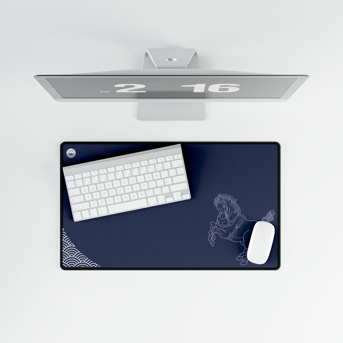 Navy desk mat with white dog design on a white surface