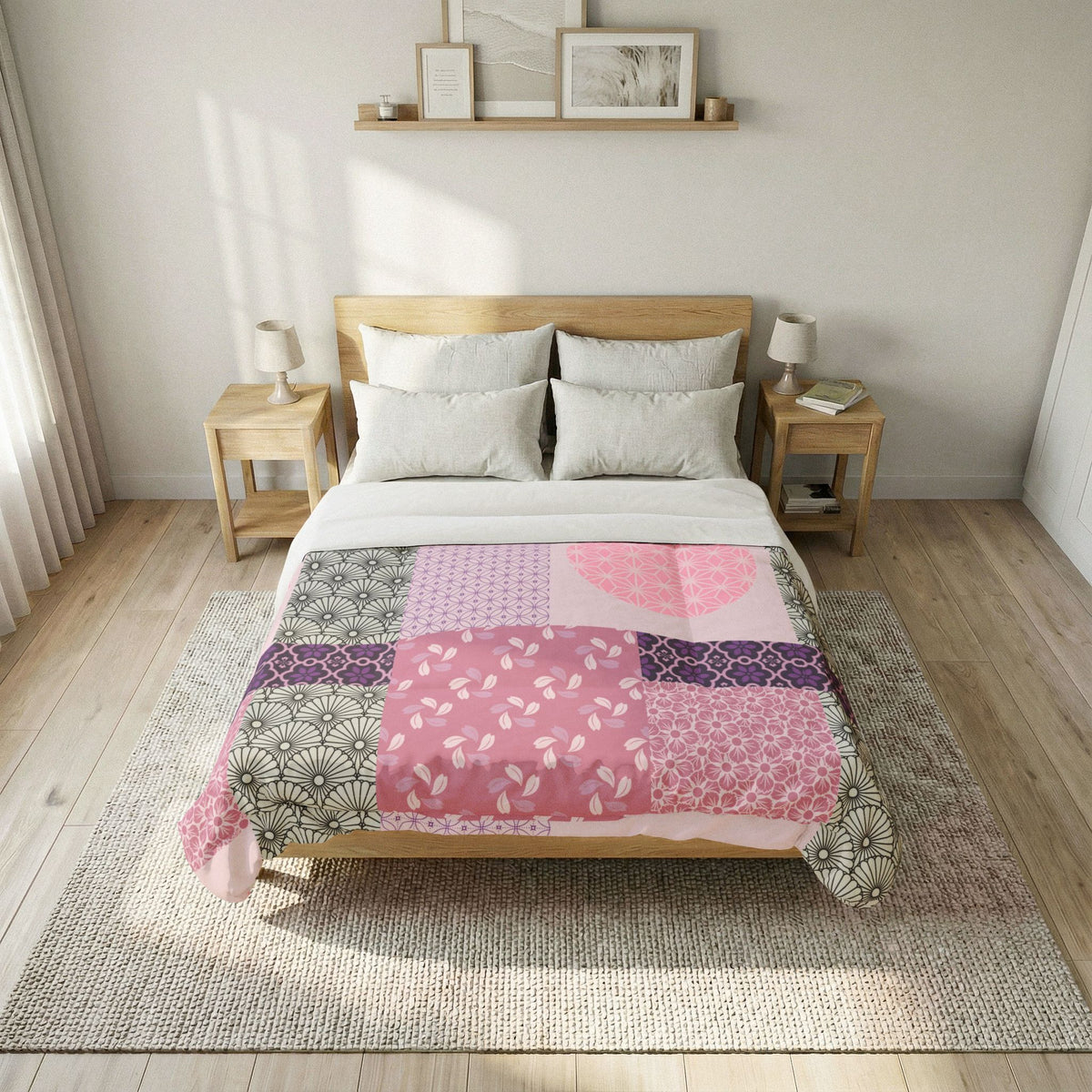 Bed with a colorful patchwork quilt in a bedroom setting. Cotton Heritage