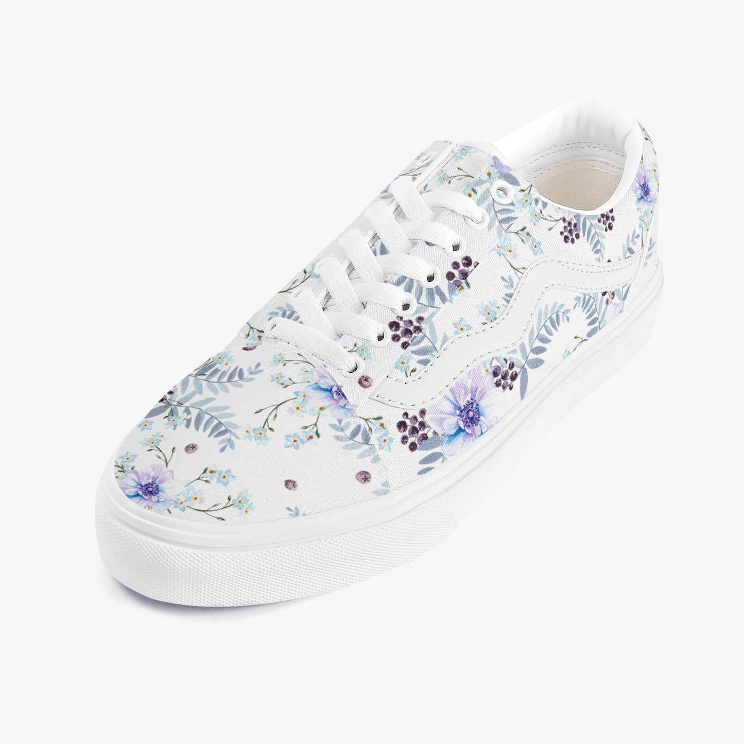 White sneaker with floral pattern on a white background