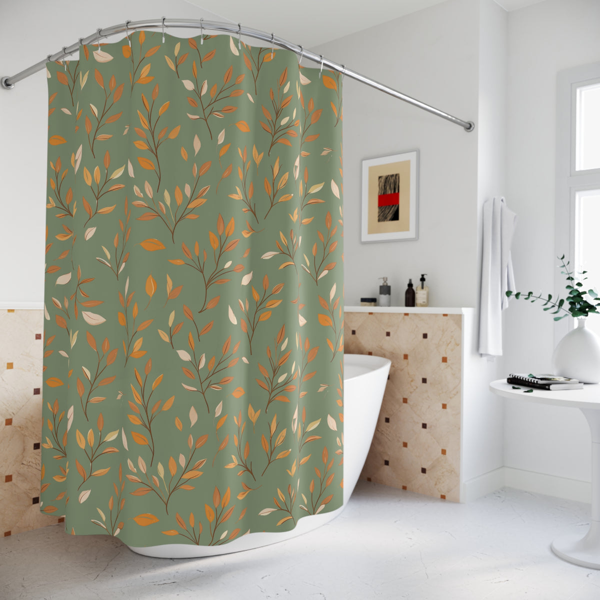 A sage green shower curtain with a repeating pattern of orange, gold, and cream autumn leaves, hanging on a curved silver rod in a bright, modern bathroom.