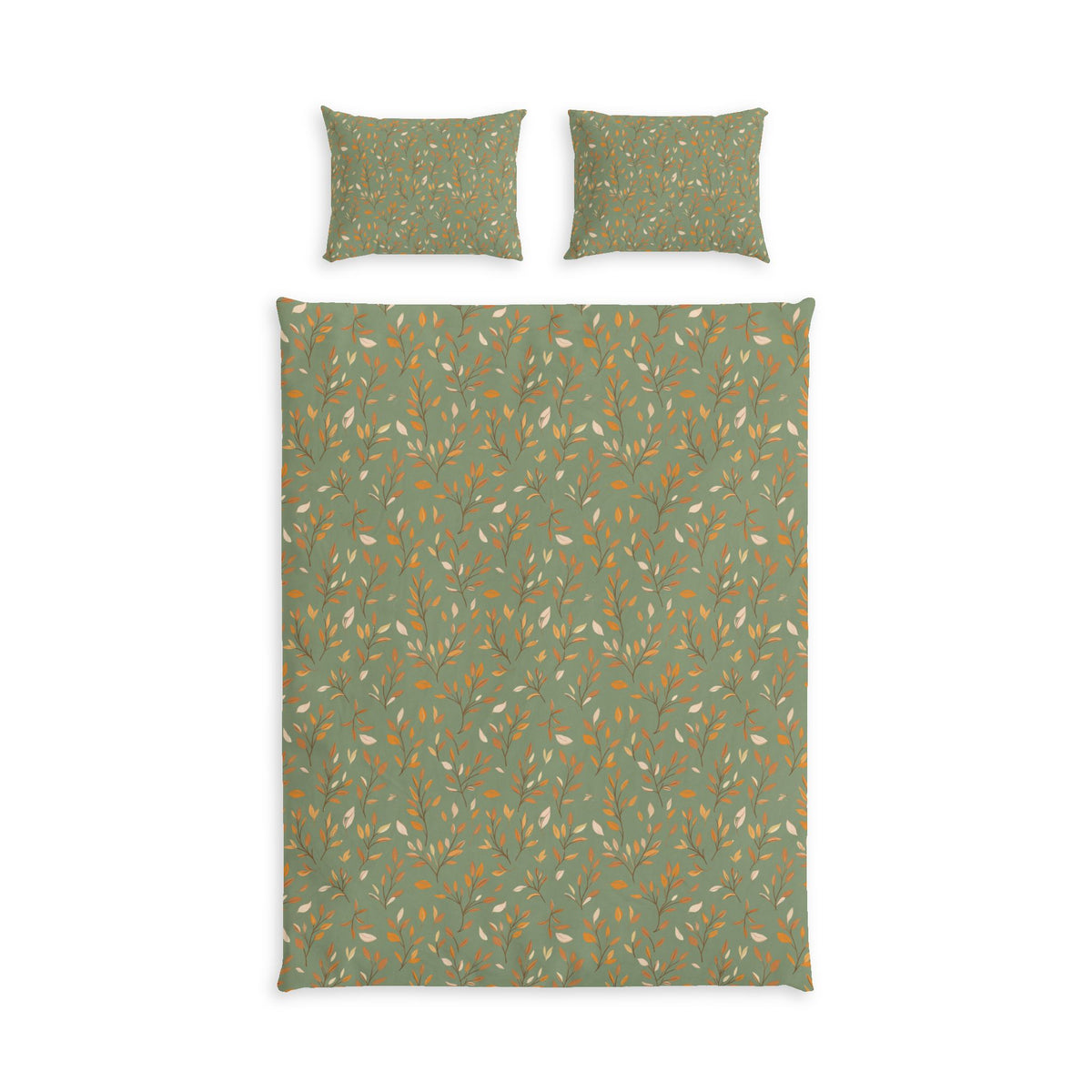 A bedding set featuring a duvet cover and two matching pillowcases with a sage green background and an all-over pattern of small orange and cream leaves and branches, shown flat against a white background.