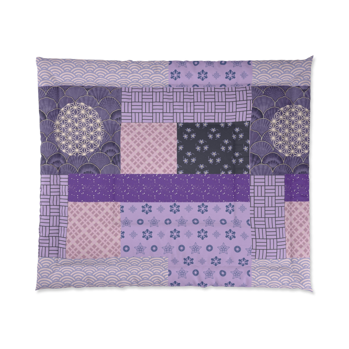 Patchwork quilt with various purple patterns on a white background