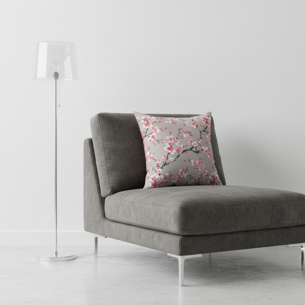 Gray sofa with a floral pillow in a minimalistic room