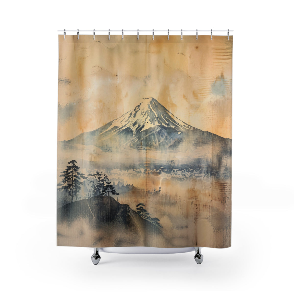 A shower curtain featuring a Japanese-style watercolor painting of Mount Fuji, shown hanging from silver hooks on a white background.