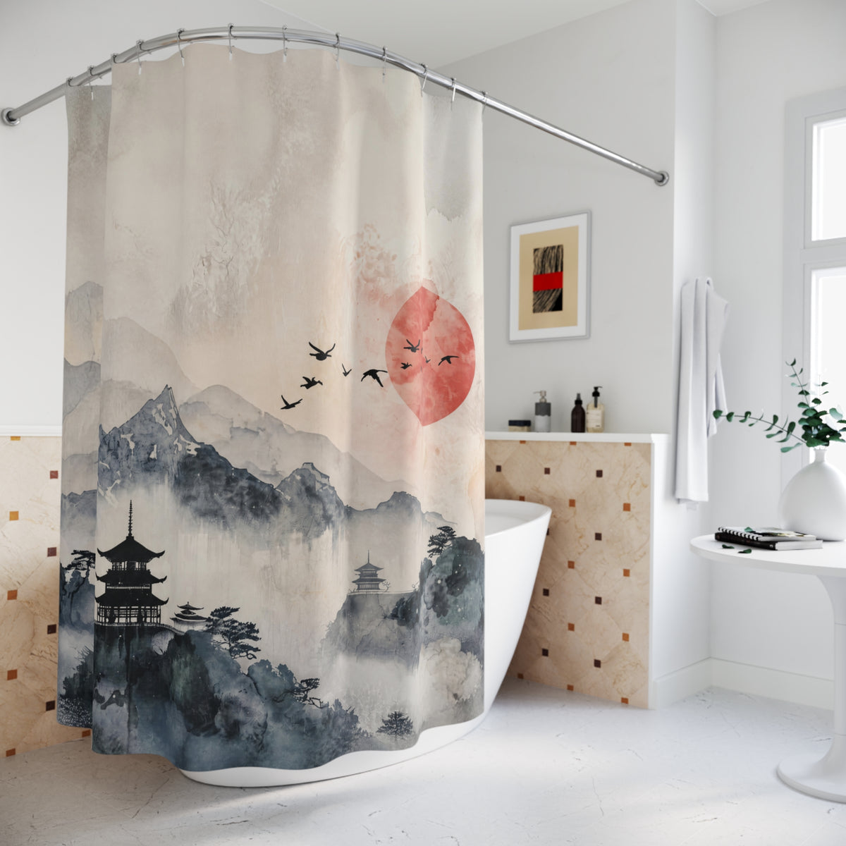 A shower curtain with an Asian-inspired landscape print featuring a red sun, flying birds, pagoda towers, and misty mountains, hanging in a modern white bathroom.