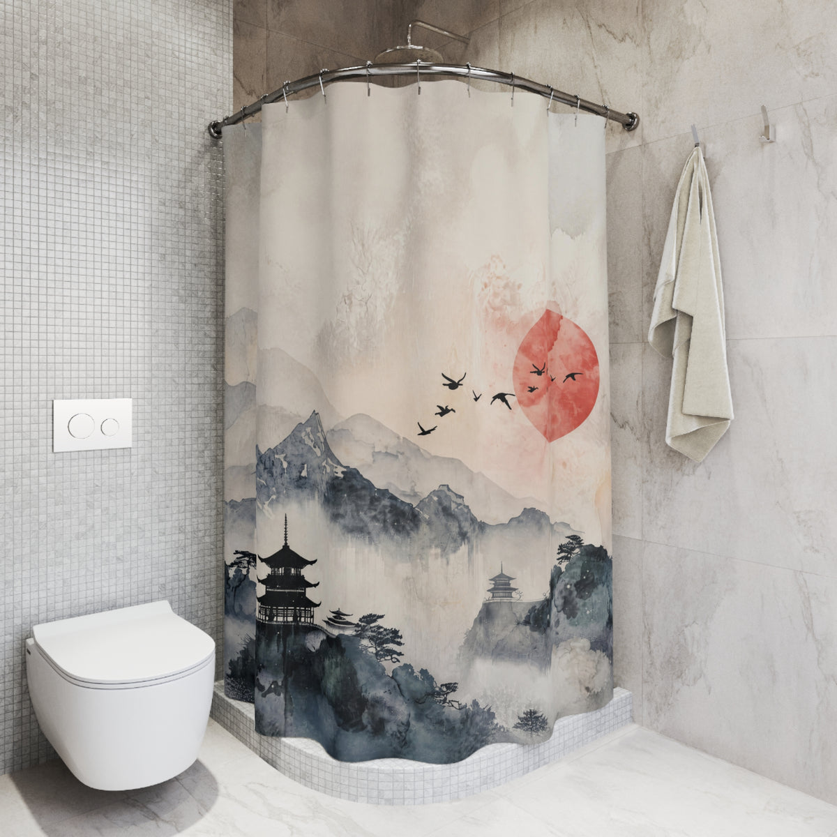 A shower curtain with an Asian-inspired landscape print featuring a red sun, mountains, pagoda, and birds, hanging in a modern tiled bathroom next to a toilet and towel.