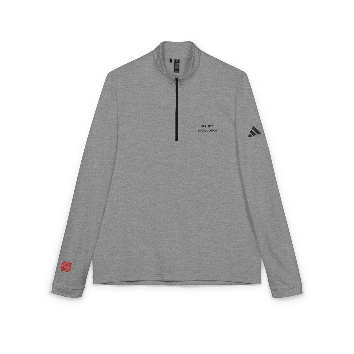 Gray long-sleeve athletic shirt with a zipper on a white background