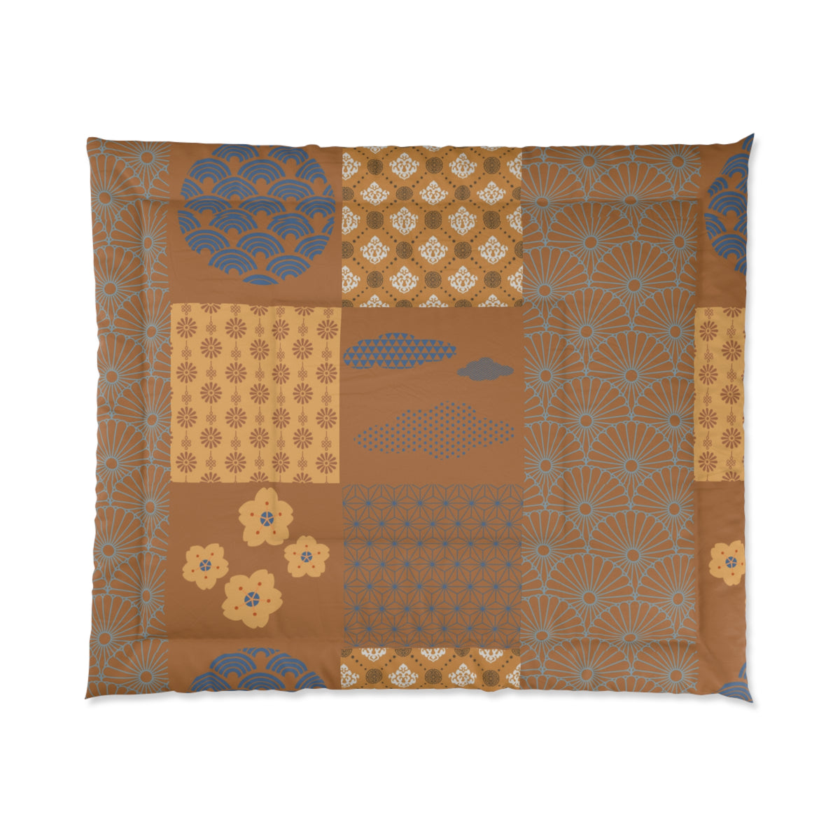 Patchwork patterned blanket with geometric and floral designs on a white background