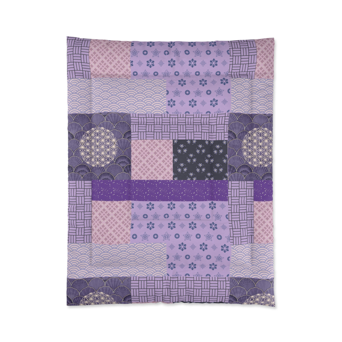Patchwork quilt with various purple patterns on a white background