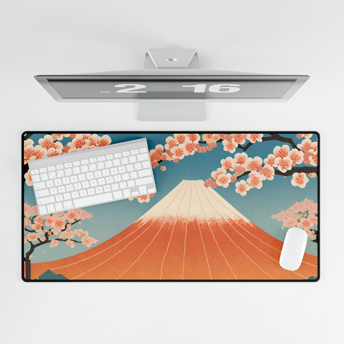 Extra-large desk mat featuring the "Cherry Blossom Majesty" design: a panoramic Japanese landscape with vibrant Sakura trees and a serene traditional backdrop.