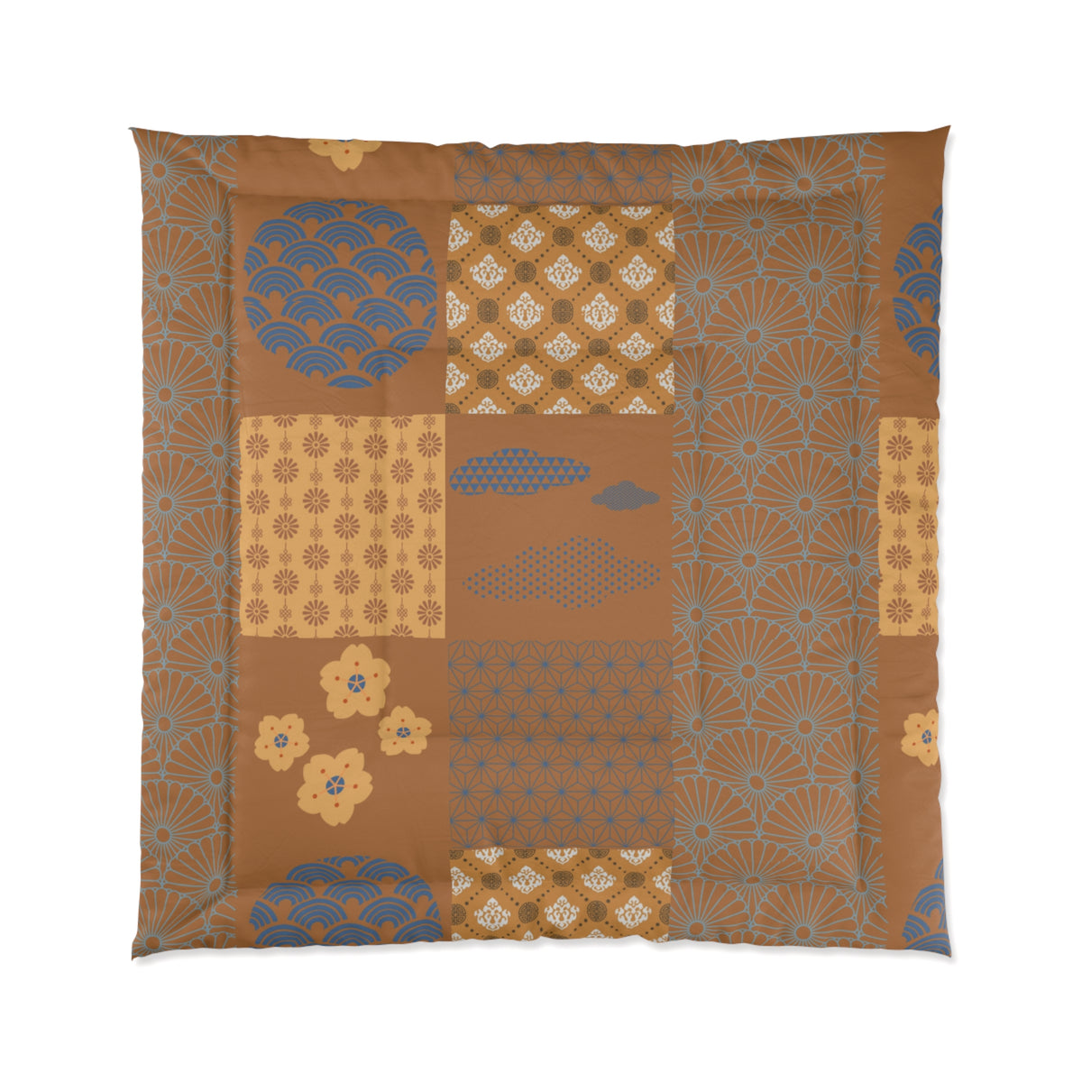 Patterned fabric with geometric and floral designs in brown, blue, and yellow on a white background