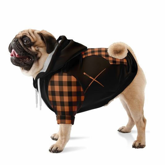 A dog wearing a premium black and brown checkerboard athletic zip-up hoodie, featuring a design inspired by the woodblock prints of Utagawa Kuniyoshi