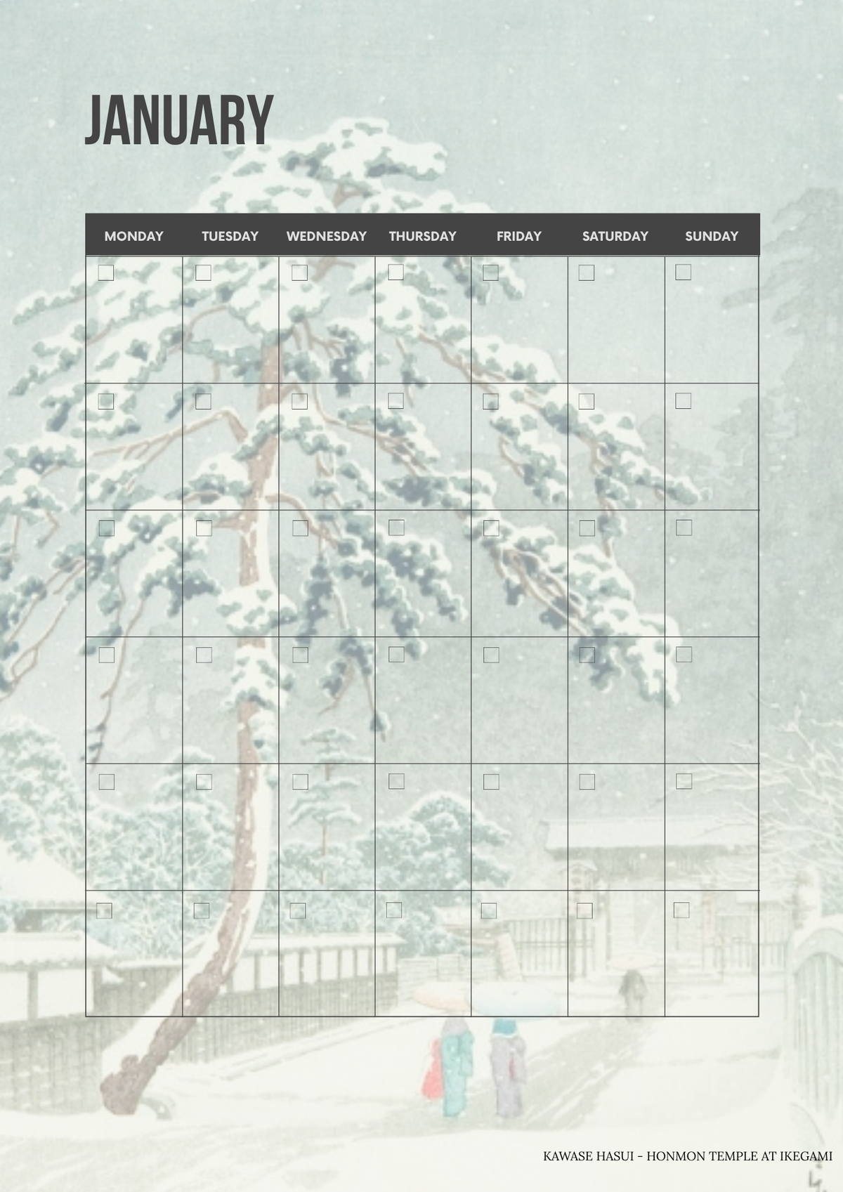 Printable monthly calendar page featuring a classic Ukiyo-e Japanese woodblock print background.