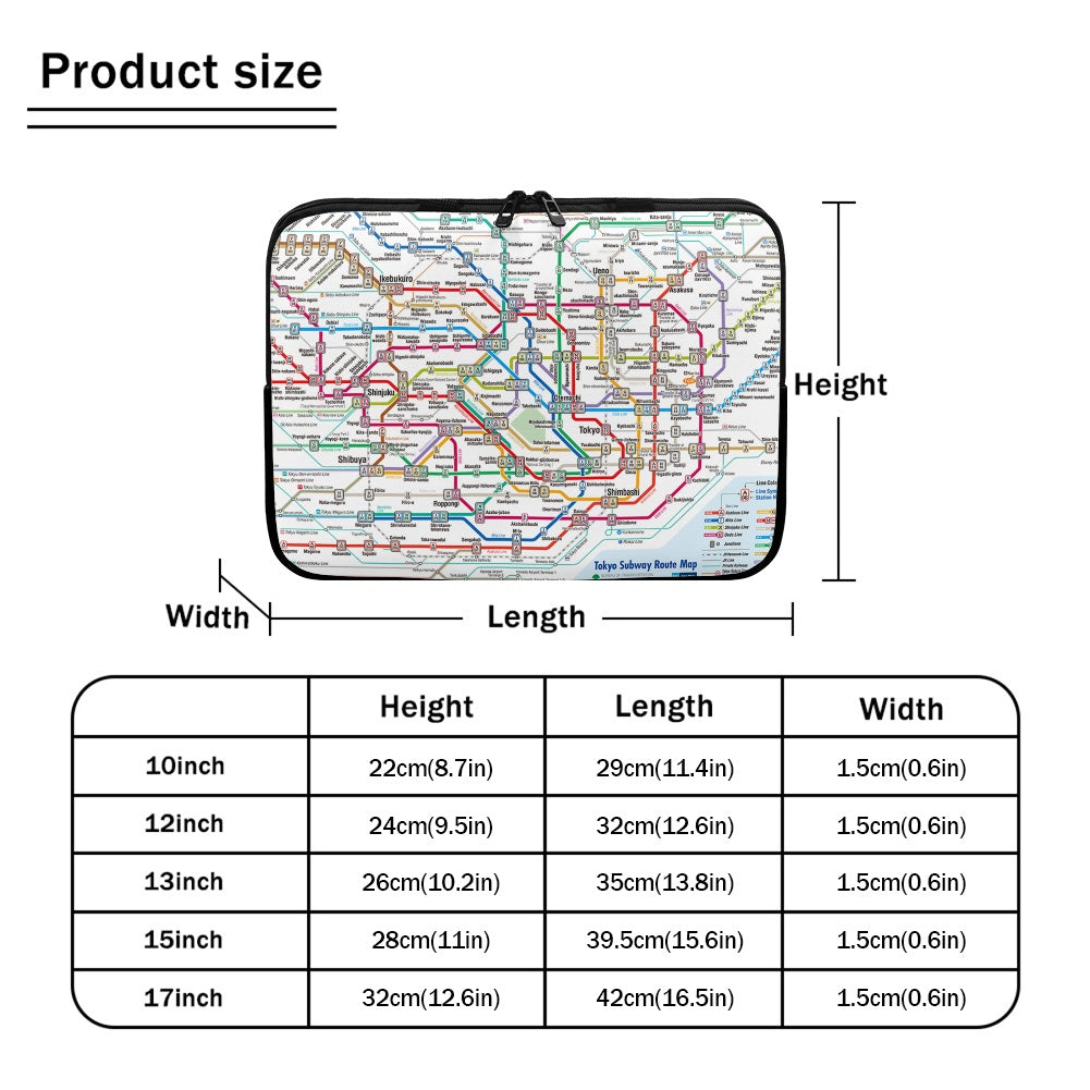 Product size chart for a laptop sleeve with a subway map design, showing dimensions in centimeters.