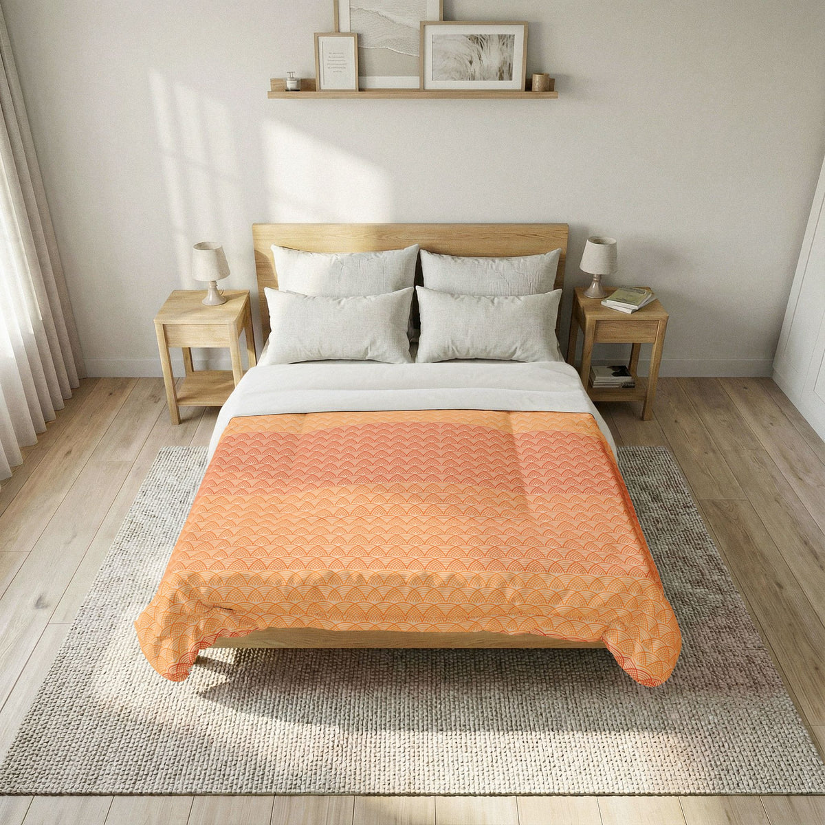 Bed with orange quilt and white pillows in a bedroom setting. Heritage Cotton