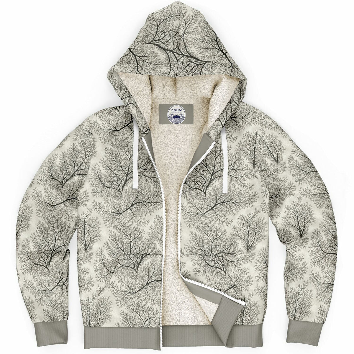 A zip-up hoodie with a beige and gray tree branch pattern on the exterior and a cream-colored fleece interior lining, shown against a plain white background.