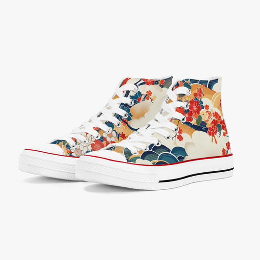 High-top sneaker with colorful floral pattern on a white background