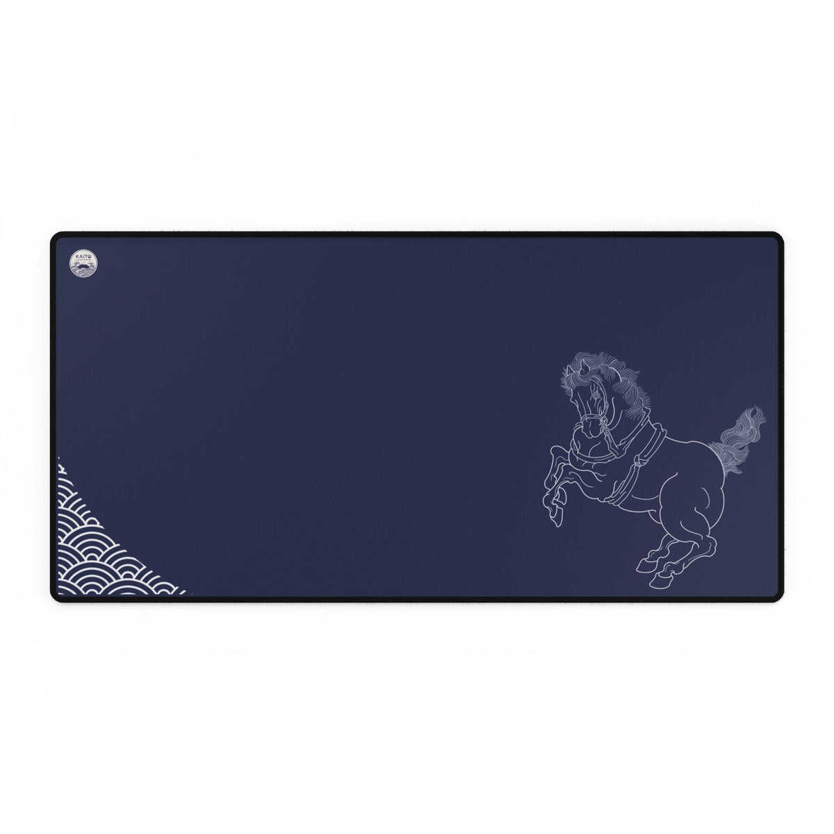 A deep indigo desk mat featuring white line art of a rearing Shinme horse and Seigaiha wave patterns, organized for a clean workspace aesthetic.