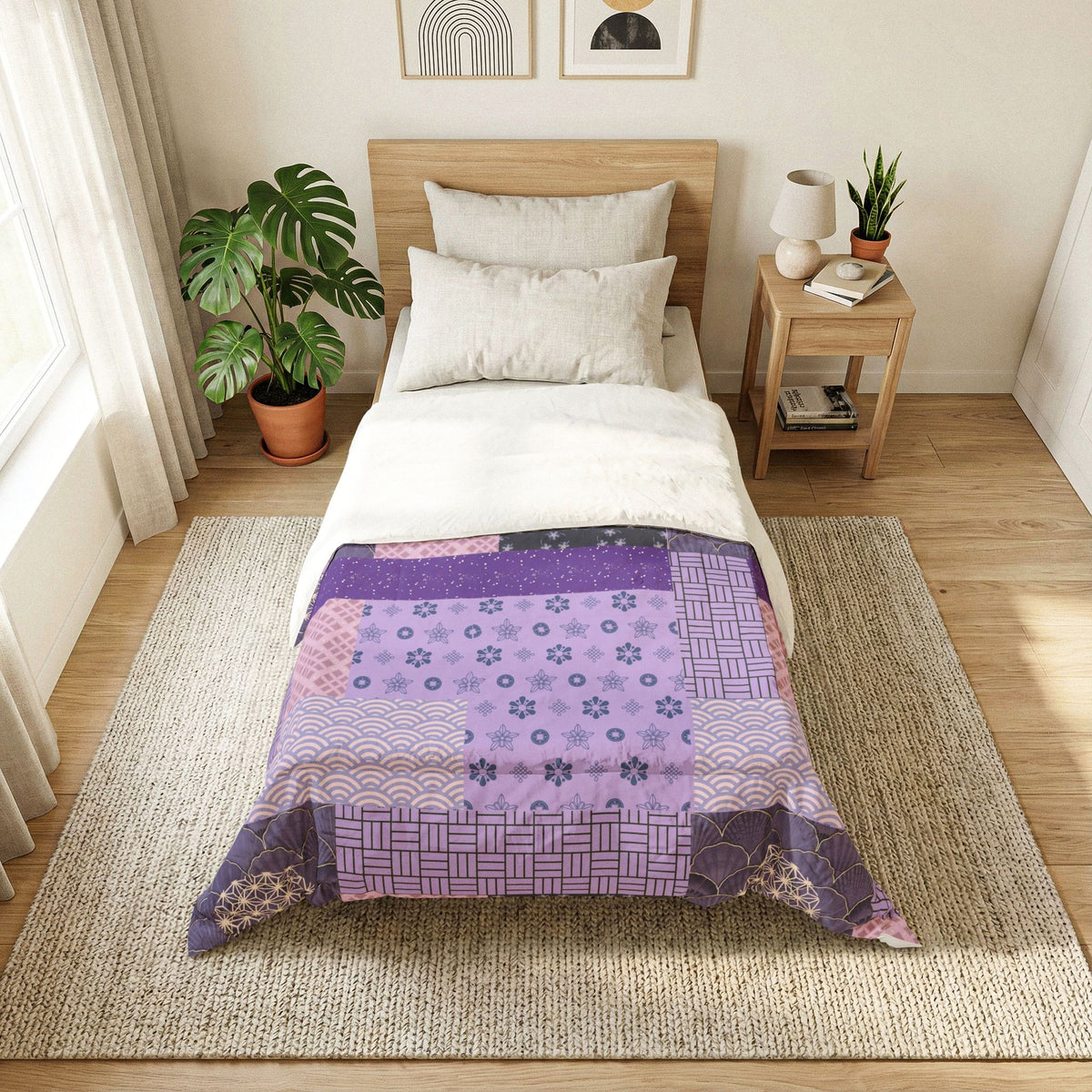 Bedroom with a bed featuring a purple patterned quilt, nightstand, and decor. Heritage Cotton