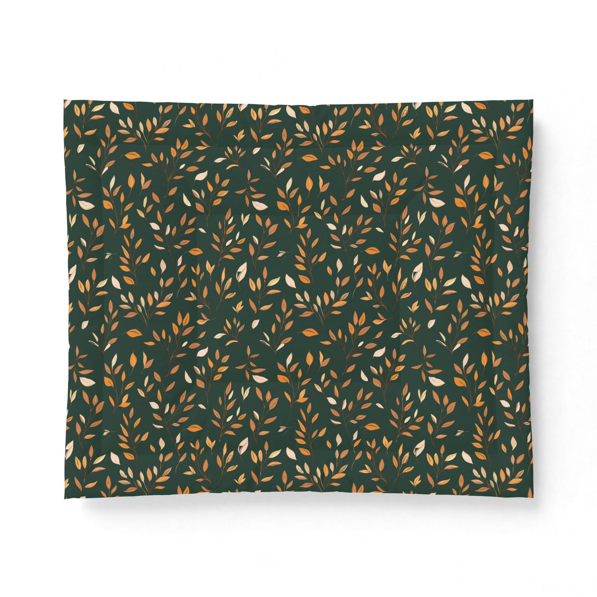 A rectangular fabric or paper product with a repeating pattern of small leafy stems on a dark forest green background, featuring warm gold and off-white accents, shown against a plain white background.