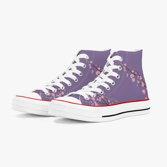 Purple high-top sneakers with floral pattern on a white background