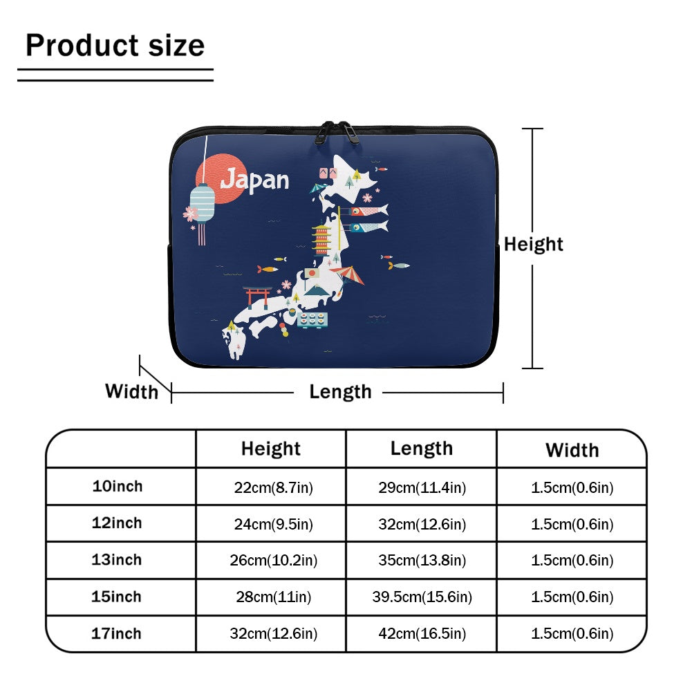 Navy blue laptop sleeve with Japanese-themed design and size chart on a white background