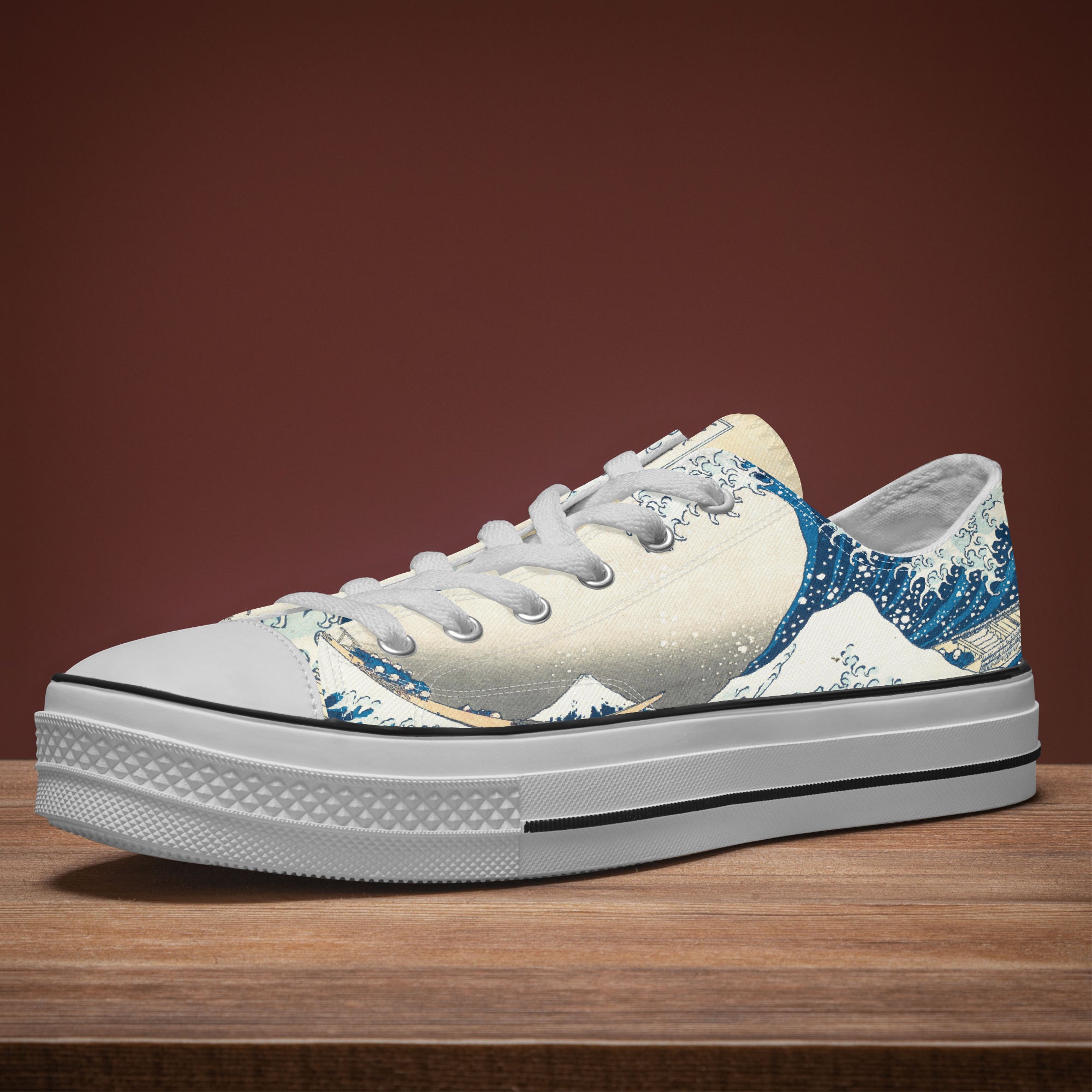 TOYAMAde. y10a4 手描きアート スニーカー 晴れと向日葵 Hokusai Great Wave & Sakura Low Top Shoes - Japanese Art Sneakers