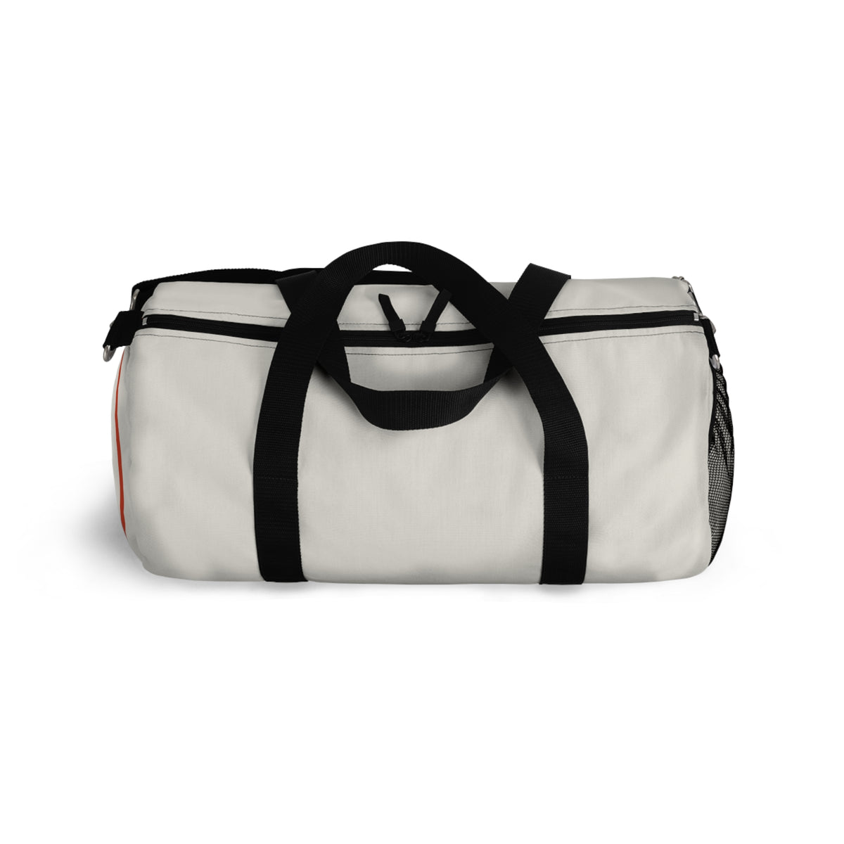 White duffel bag with black straps on a white background