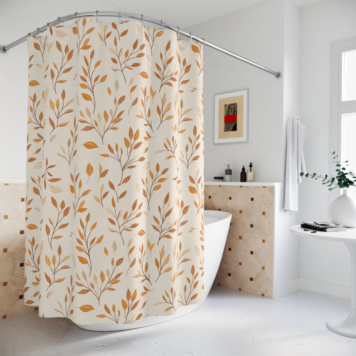 A cream shower curtain with a repeating pattern of orange and brown leaves, hanging on a curved metal rod in a bright, modern bathroom.