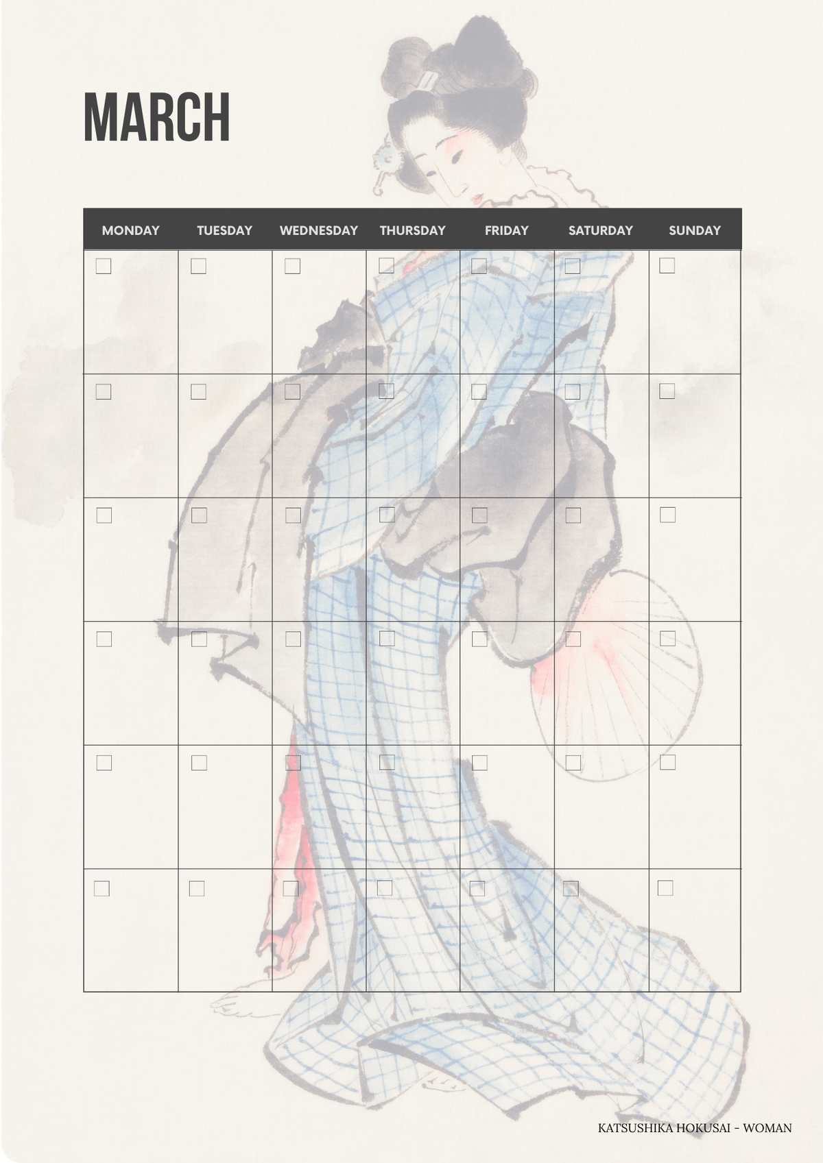 Printable monthly calendar page featuring a classic Ukiyo-e Japanese woodblock print background.