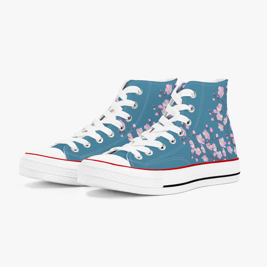 Blue high-top sneakers with cherry blossom design on a white background