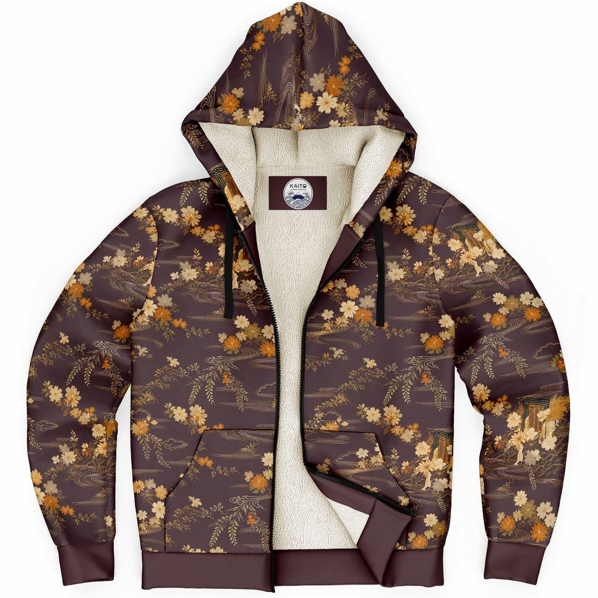 A brown zip-up hoodie with a beige and orange floral pattern, featuring a cream-colored fleece lining and black drawstrings, shown against a plain white background.