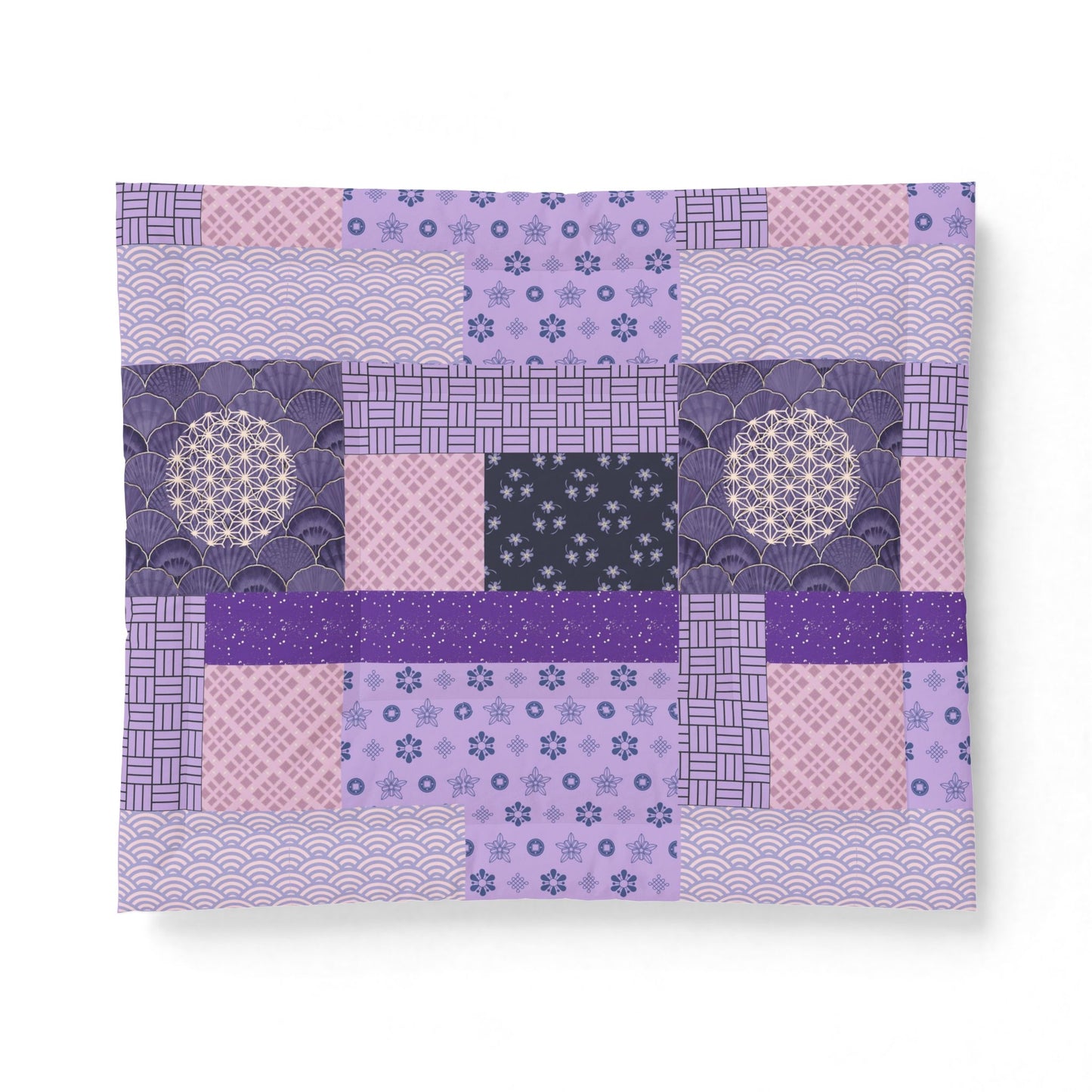 Patchwork quilt with various purple patterns on a white background. Heritage Cotton
