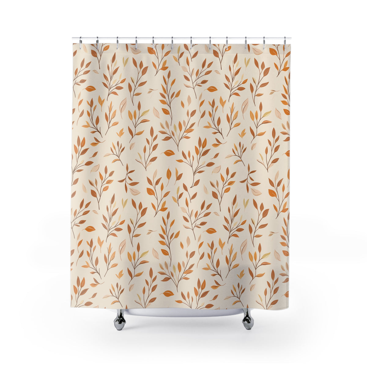 KAITO Japan Design Vintage Tofu Autumn Shower Curtain featuring a delicate botanical pattern of rust, orange, and soft brown falling leaves cascading over a warm cream background.