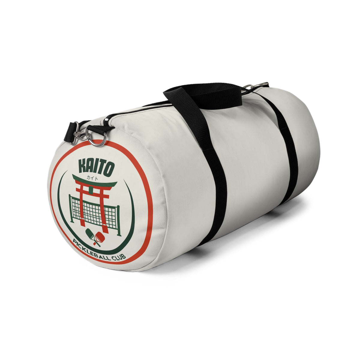 White duffel bag with black straps and a logo on a white background