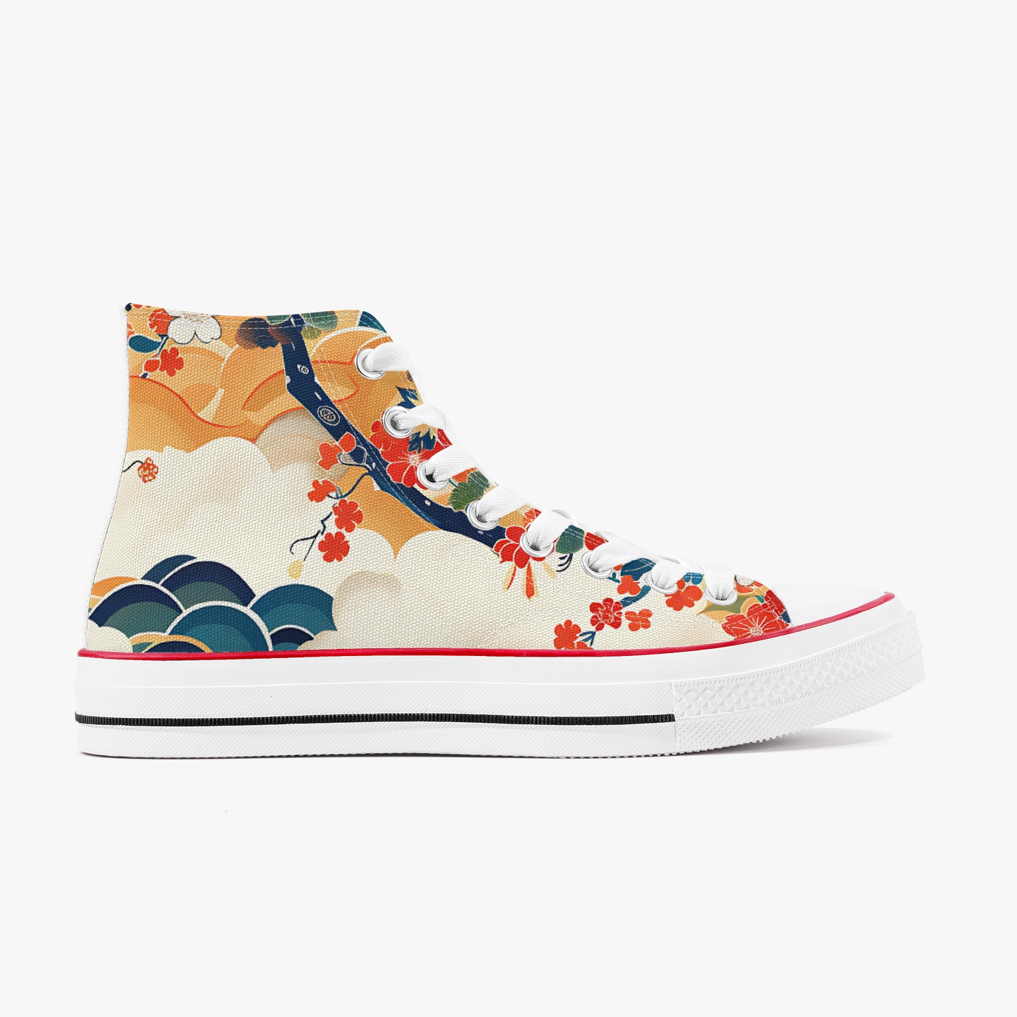 Colorful high-top sneaker with floral and wave design on a white background