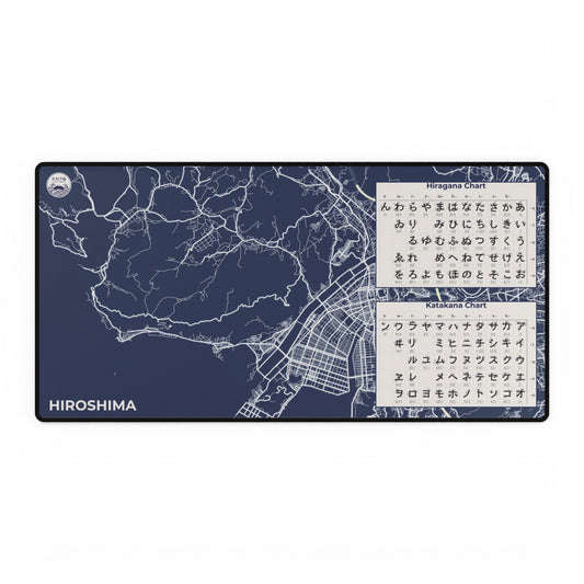 Map of Hiroshima on a blue background with text