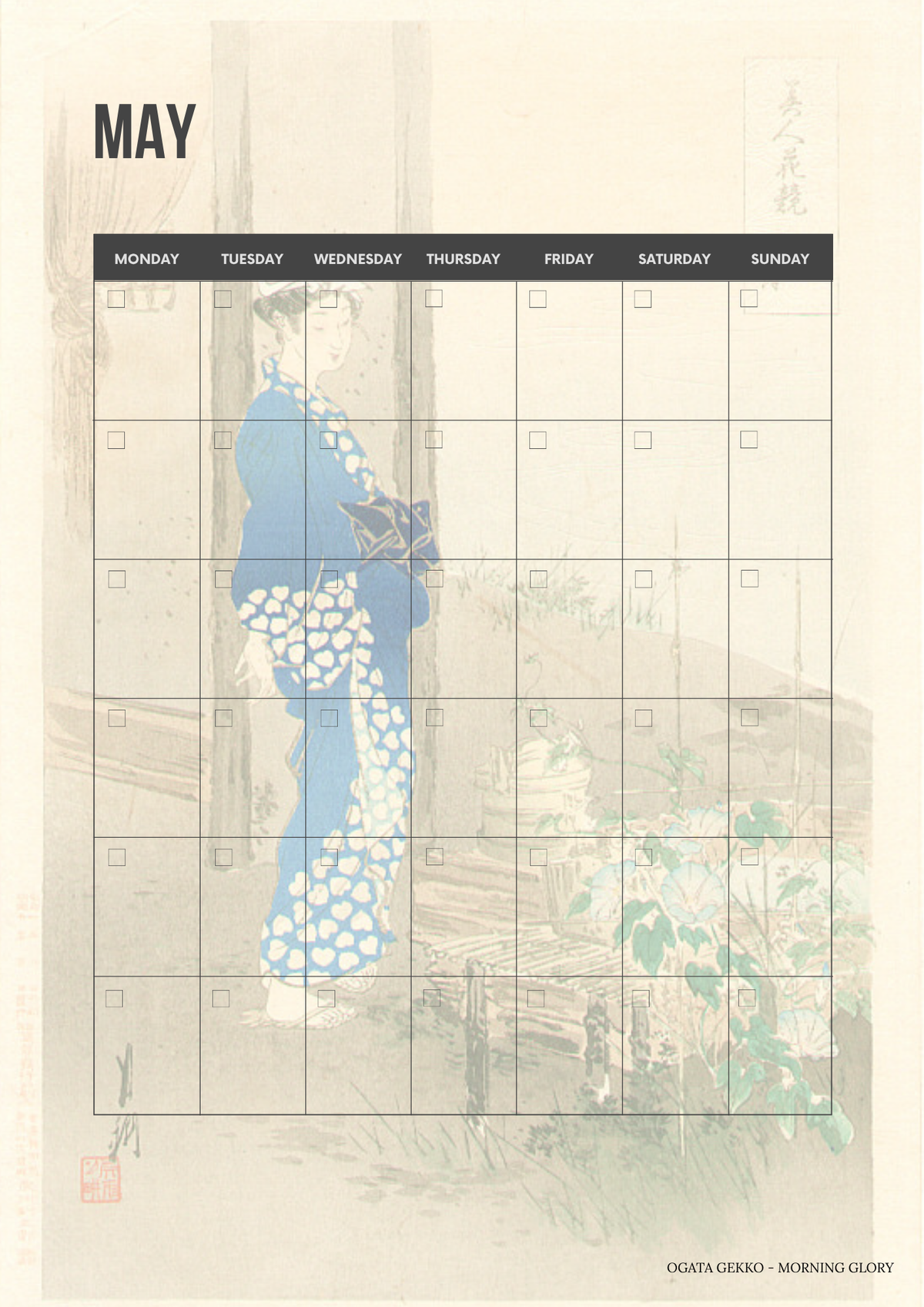 Calendar for May with a design of a woman in a kimono on a beige background Printable monthly calendar page featuring a classic Ukiyo-e Japanese woodblock print background.