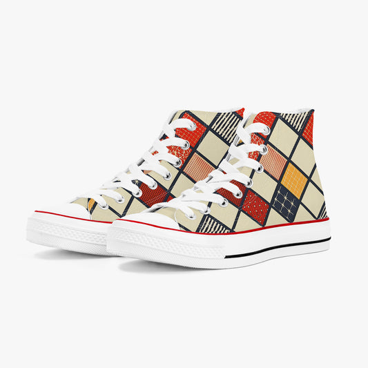 High-top sneakers with geometric pattern on a white background
