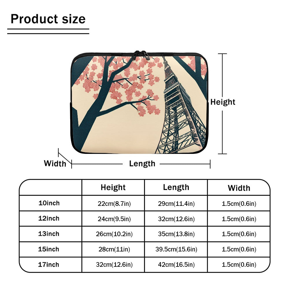 Product size chart with dimensions of a design featuring cherry blossoms and the Tokyo Tower.