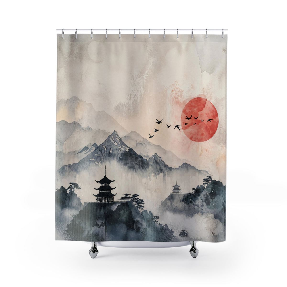 KAITO Japan Design Sumi Kiri Shower Curtain featuring a classic Sumi-e ink wash landscape. The bottom features dark, misty mountains and a traditional pagoda, transitioning upward into a pale sky with a bold red rising sun and flying birds.