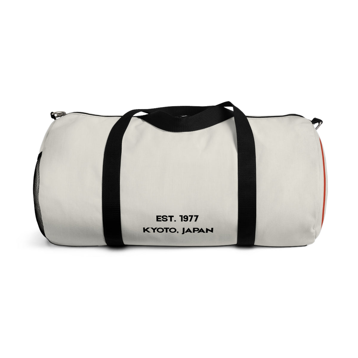 White duffel bag with black straps and text on a white background
