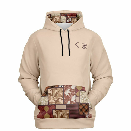 A high-quality black pullover fashion hoodie featuring a detailed white graphic of a Japanese bear (Kuma), styled with traditional line-art inspired by vintage woodblock prints.