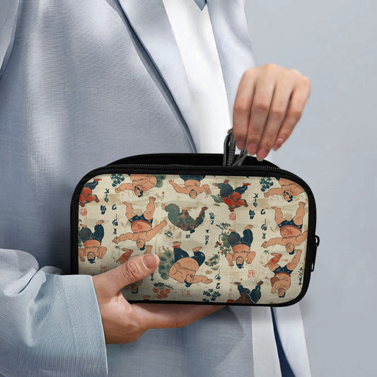 Person holding a small rectangular pouch with cartoon character pattern