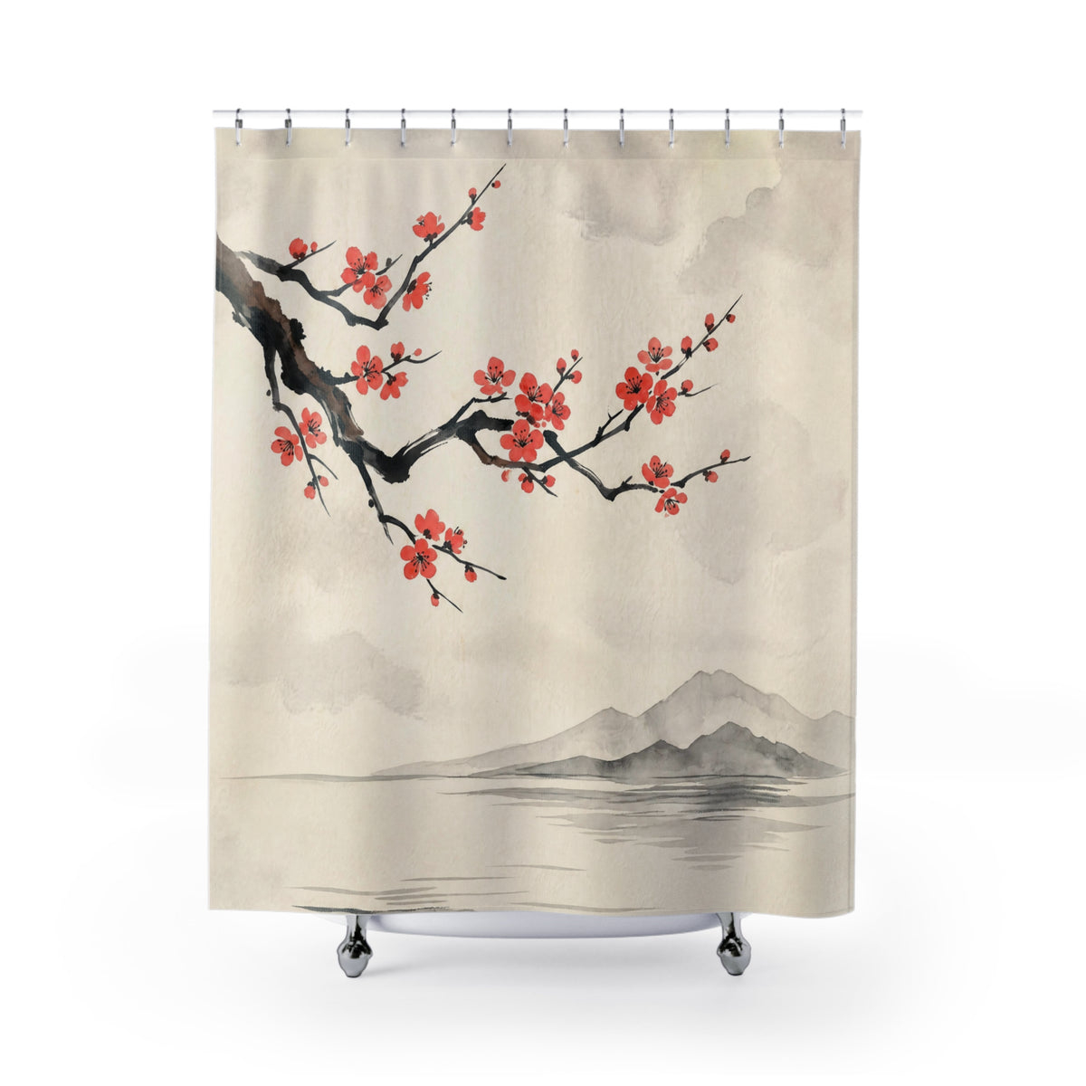 A shower curtain featuring a traditional Japanese-style print with red cherry blossoms on a branch, a misty mountain landscape, and a light beige background. The curtain is shown hanging from silver hooks over a white bathtub against a clean white background.